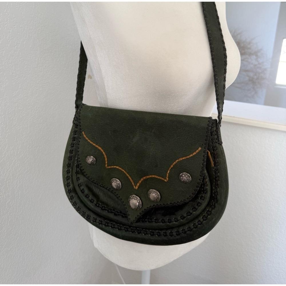 Handmade Italian leather Dark Green Suede Crossbody Bag with Decorative Studs